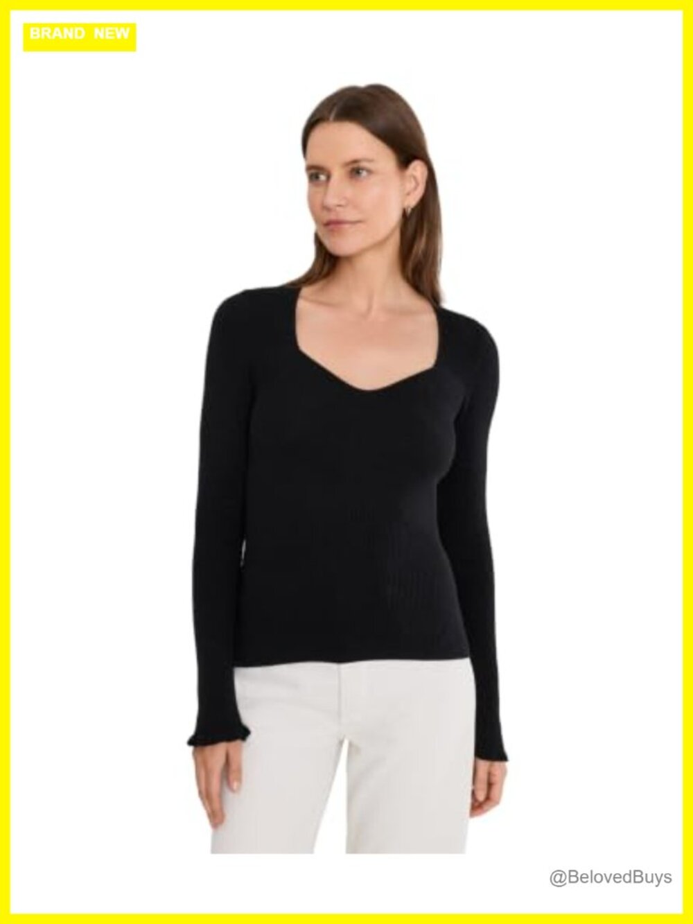 Rib Stitch Sweetheart Neck Sweater Ruffle Long Sleeve Pullover